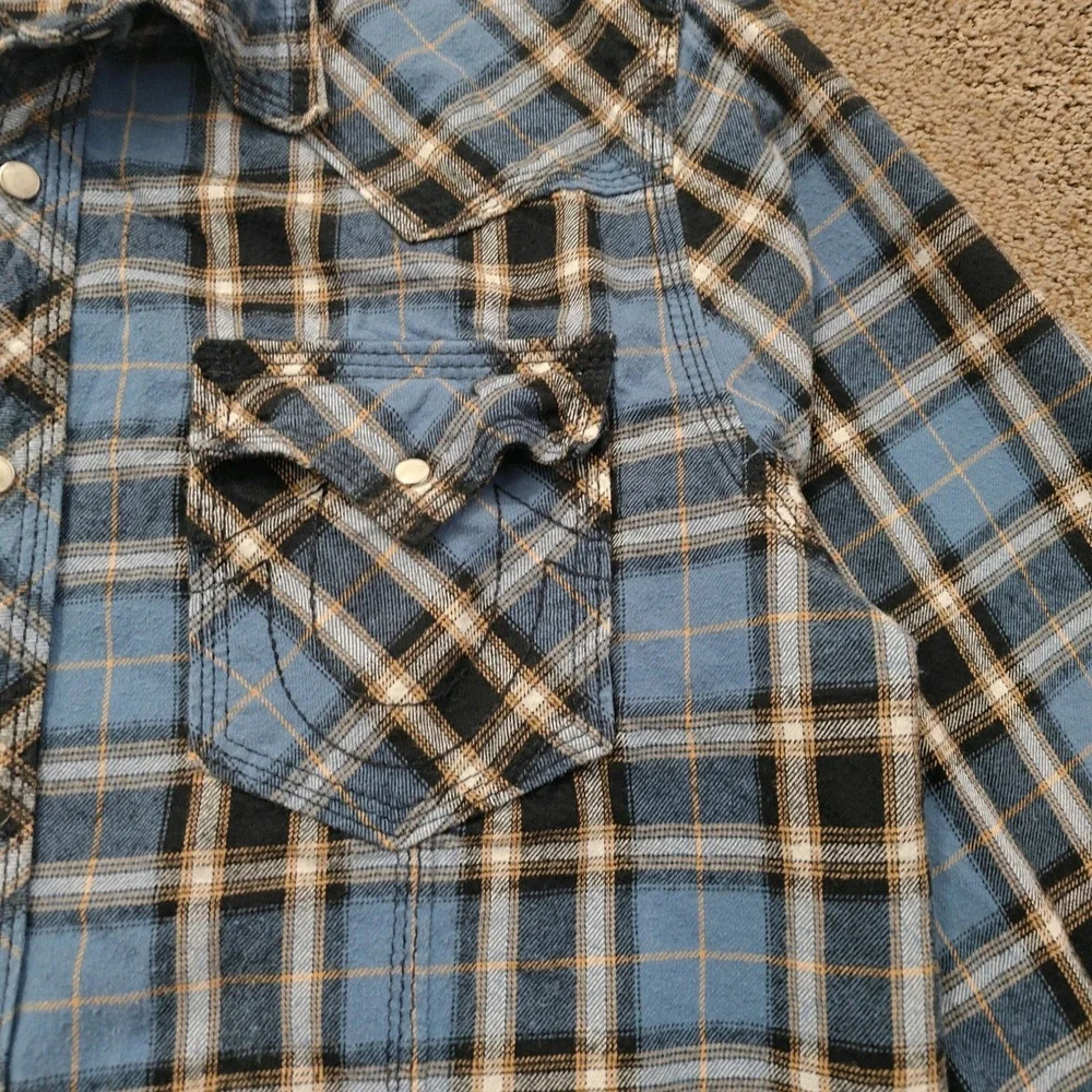 True Religion Mens XXL Blue Plaid Flannel Western Pearl‎ Snap Shirt MP4BL68VYFK